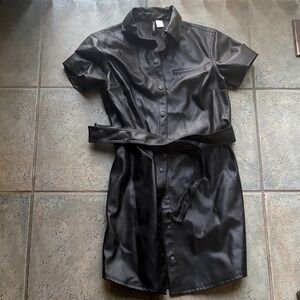 Divided Black Faux Leather Belted Dress